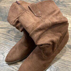 Women's Shoes Time and Tru Cowgirl Brown Faux Suede Western Slouch Boots